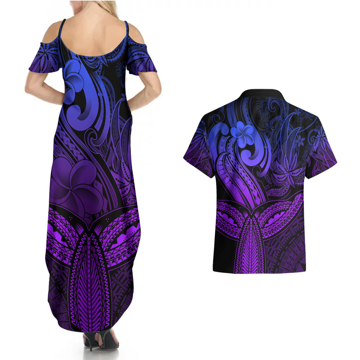 Polynesia Couples Matching Summer Maxi Dress and Hawaiian Shirt Whale Tale and Polynesian Sunset Plumeria Purple LT9 - Wonder Print Shop