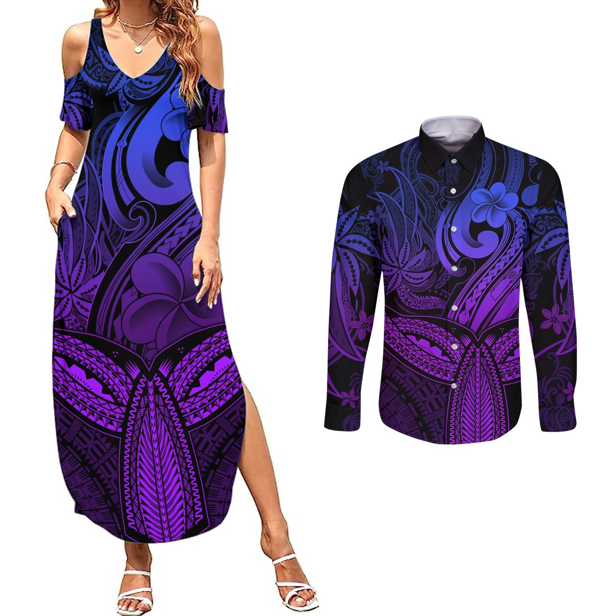 Polynesia Couples Matching Summer Maxi Dress and Long Sleeve Button Shirts Whale Tale and Polynesian Sunset Plumeria Purple LT9 - Wonder Print Shop