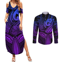 Polynesia Couples Matching Summer Maxi Dress and Long Sleeve Button Shirts Whale Tale and Polynesian Sunset Plumeria Purple LT9 - Wonder Print Shop