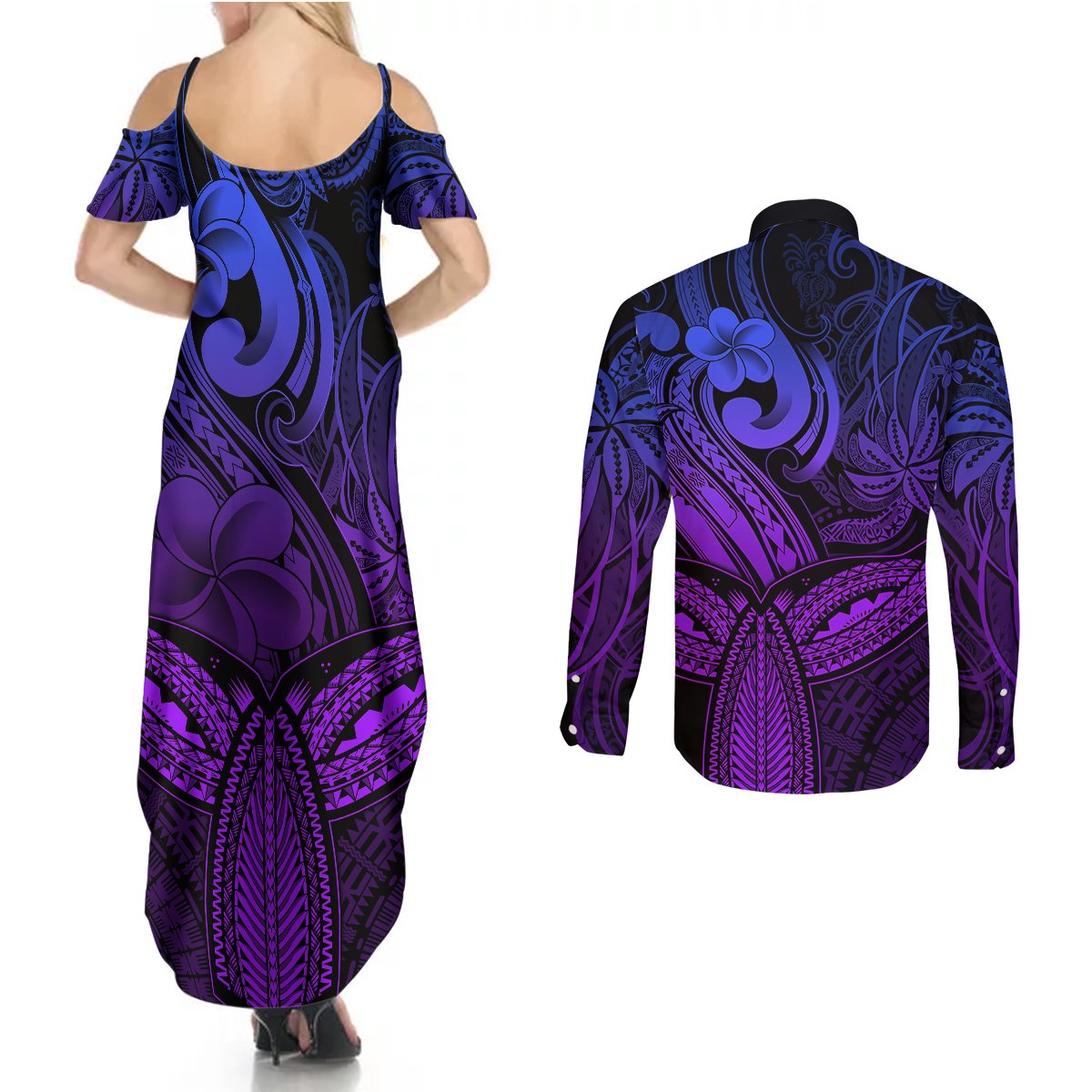 Polynesia Couples Matching Summer Maxi Dress and Long Sleeve Button Shirts Whale Tale and Polynesian Sunset Plumeria Purple LT9 - Wonder Print Shop