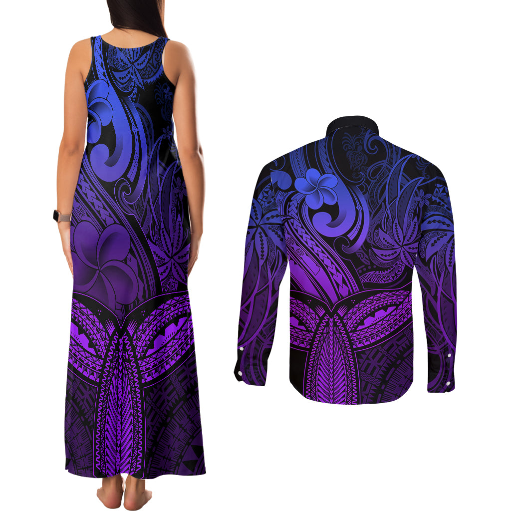 Polynesia Couples Matching Tank Maxi Dress and Long Sleeve Button Shirts Whale Tale and Polynesian Sunset Plumeria Purple LT9 - Wonder Print Shop