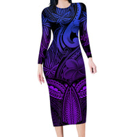Polynesia Long Sleeve Bodycon Dress Whale Tale and Polynesian Sunset Plumeria Purple - Wonder Print Shop