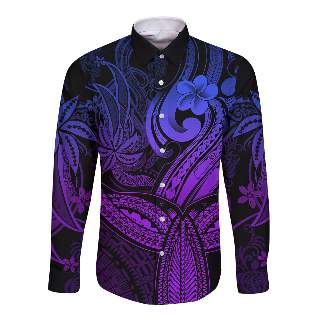 Polynesia Long Sleeve Button Shirt Whale Tale and Polynesian Sunset Plumeria Purple - Wonder Print Shop