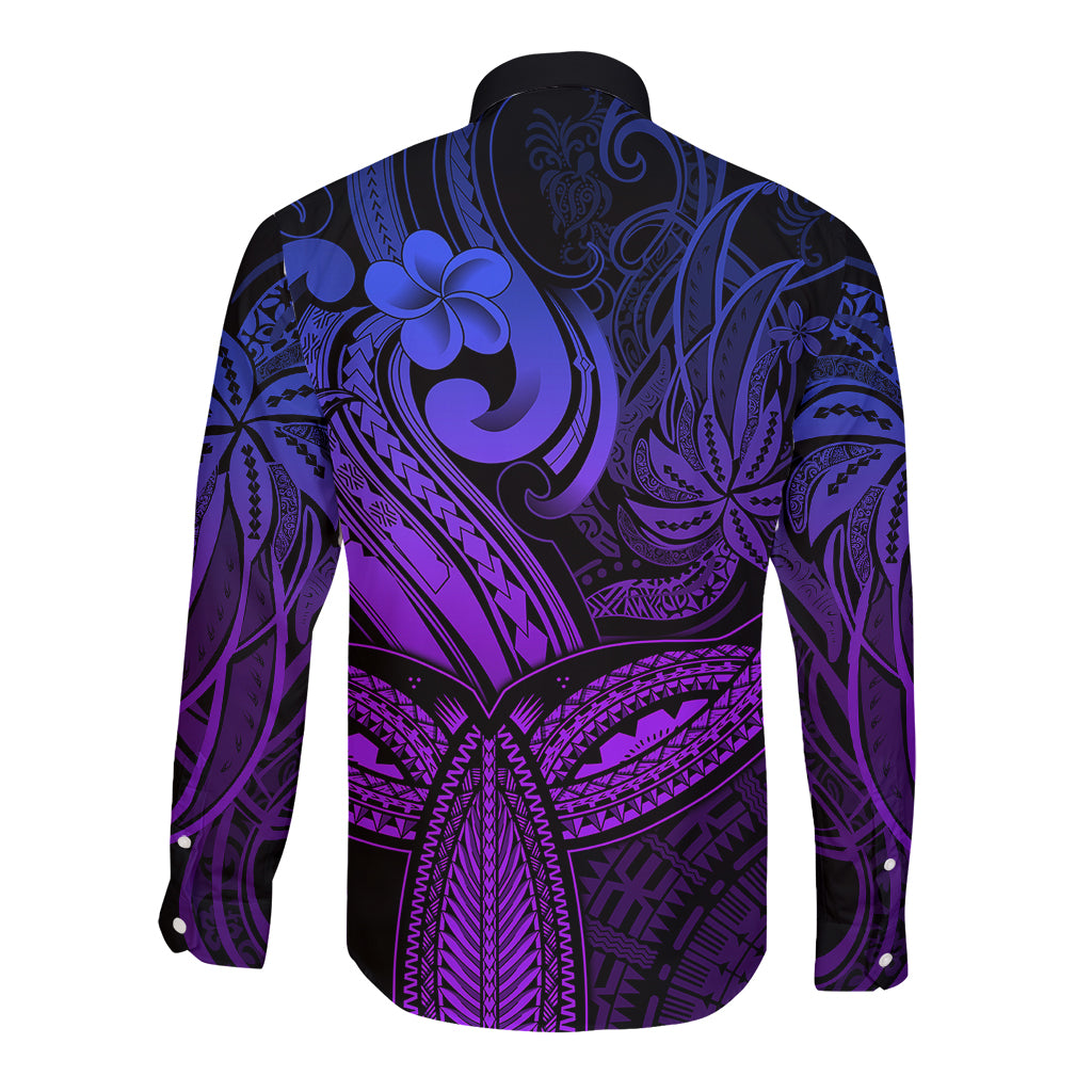 Polynesia Long Sleeve Button Shirt Whale Tale and Polynesian Sunset Plumeria Purple - Wonder Print Shop