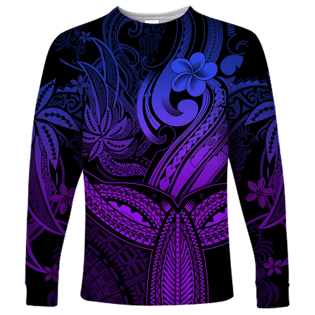 Polynesia Long Sleeve Shirt Whale Tale and Polynesian Sunset Plumeria Purple - Wonder Print Shop