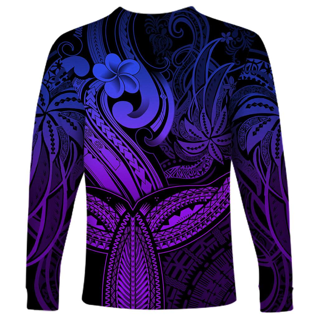 Polynesia Long Sleeve Shirt Whale Tale and Polynesian Sunset Plumeria Purple - Wonder Print Shop