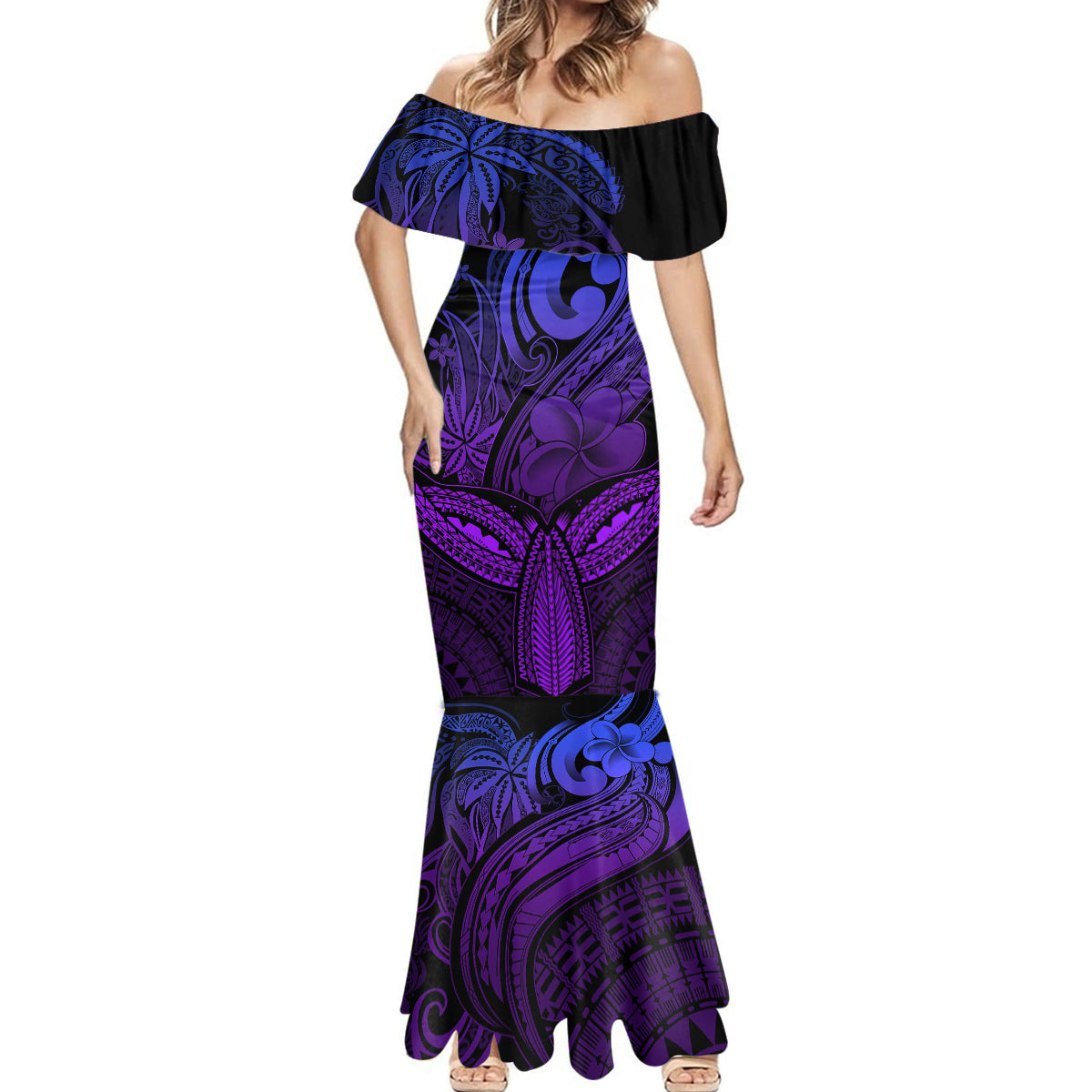 Polynesia Mermaid Dress Whale Tale and Polynesian Sunset Plumeria Purple - Wonder Print Shop