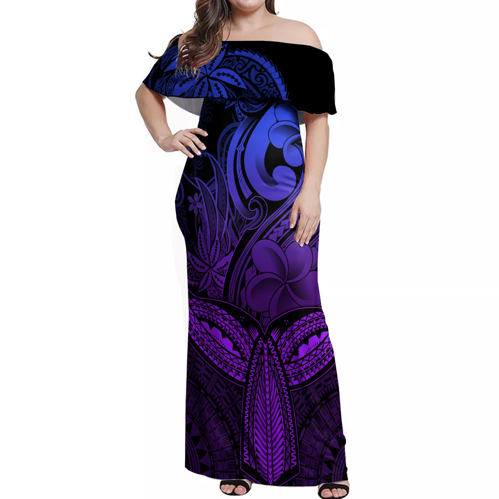 Polynesia Off Shoulder Maxi Dress Whale Tale and Polynesian Sunset Plumeria Purple - Wonder Print Shop