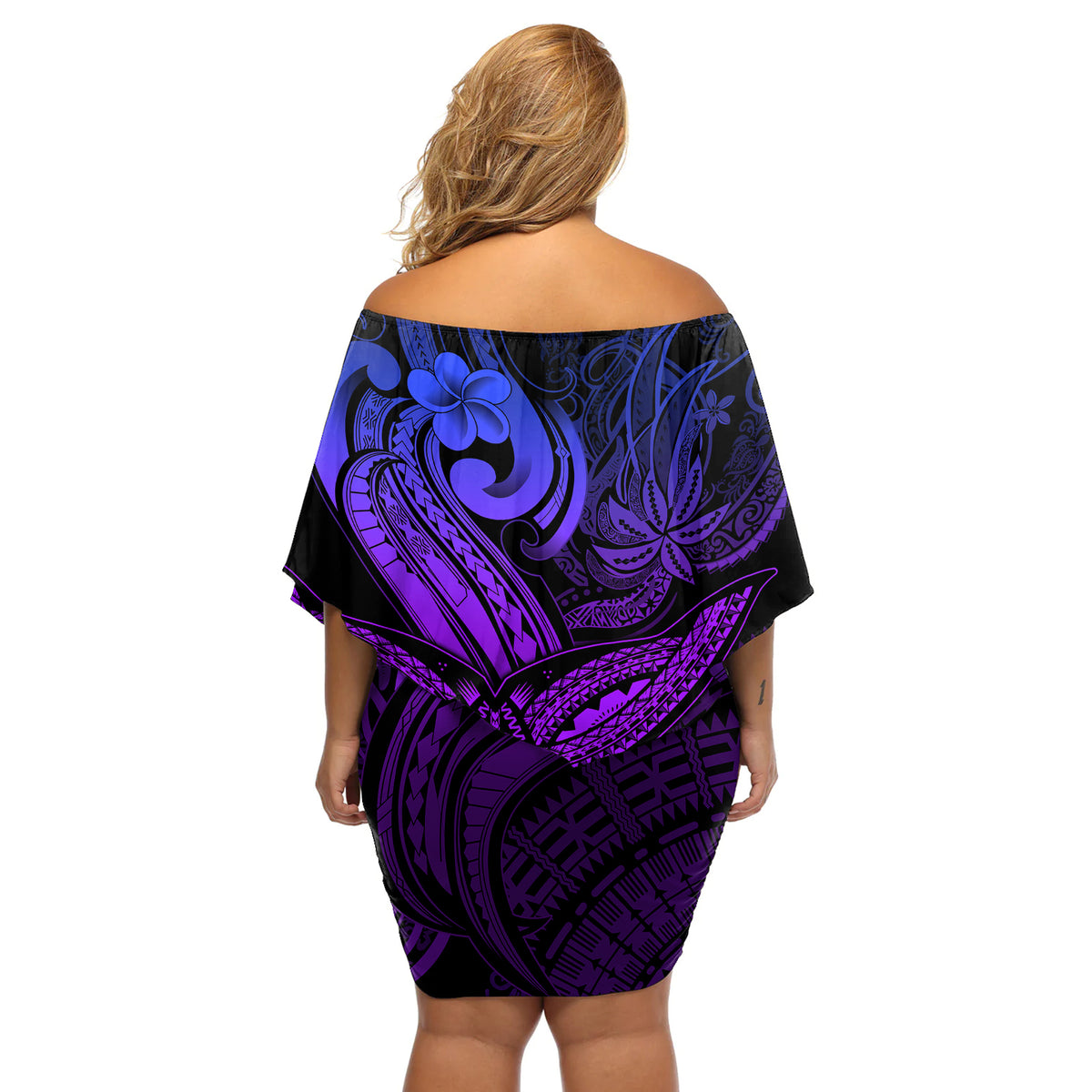 Polynesia Off Shoulder Short Dress Whale Tale and Polynesian Sunset Plumeria Purple - Wonder Print Shop