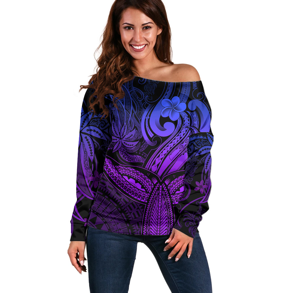 Polynesia Off Shoulder Sweater Whale Tale and Polynesian Sunset Plumeria Purple - Wonder Print Shop