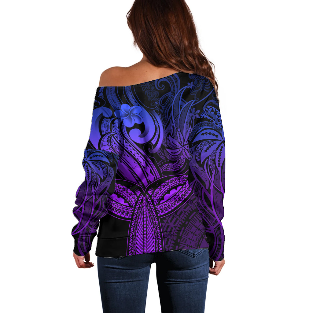 Polynesia Off Shoulder Sweater Whale Tale and Polynesian Sunset Plumeria Purple - Wonder Print Shop
