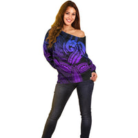 Polynesia Off Shoulder Sweater Whale Tale and Polynesian Sunset Plumeria Purple - Wonder Print Shop