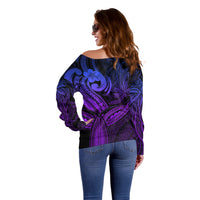 Polynesia Off Shoulder Sweater Whale Tale and Polynesian Sunset Plumeria Purple - Wonder Print Shop