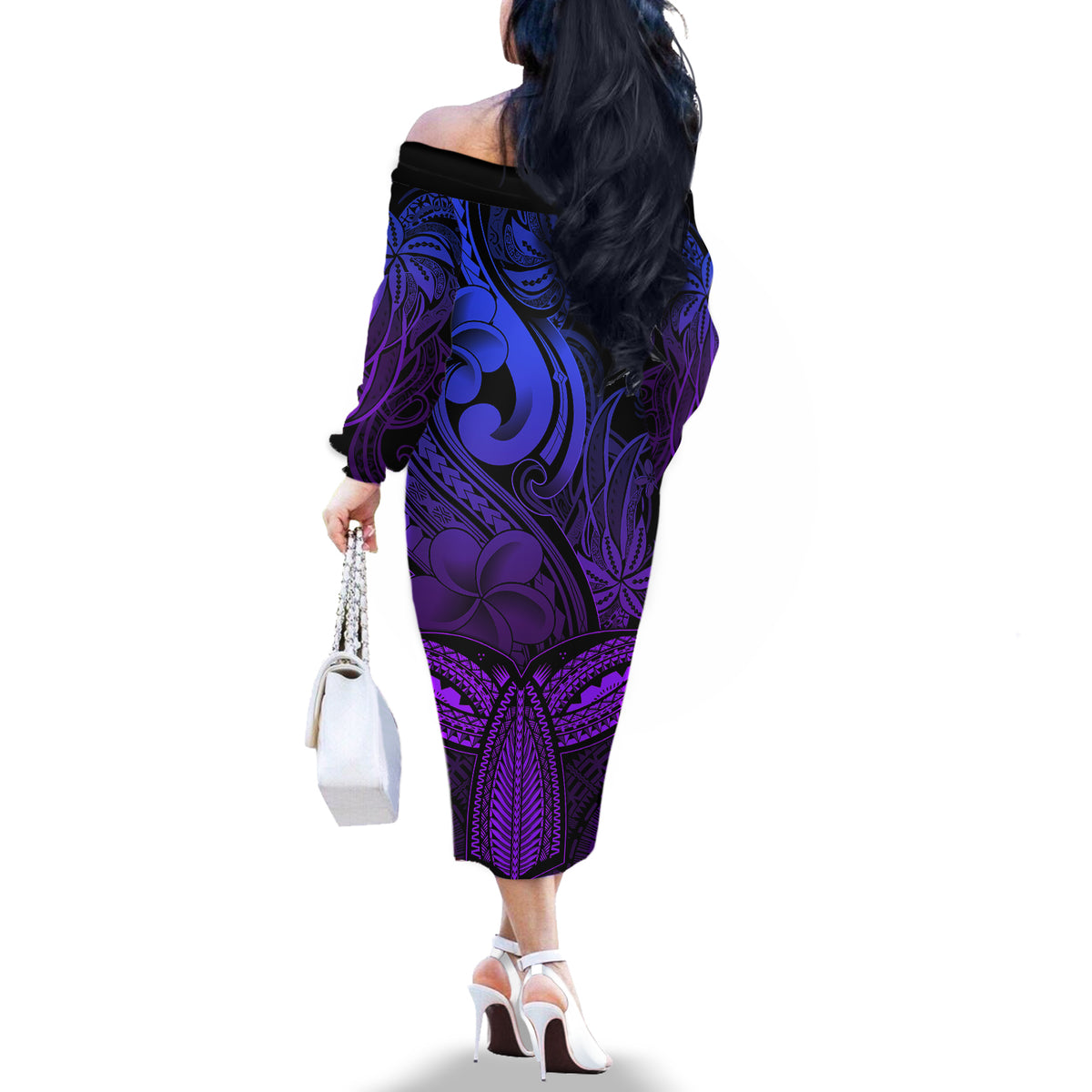 Polynesia Off The Shoulder Long Sleeve Dress Whale Tale and Polynesian Sunset Plumeria Purple - Wonder Print Shop
