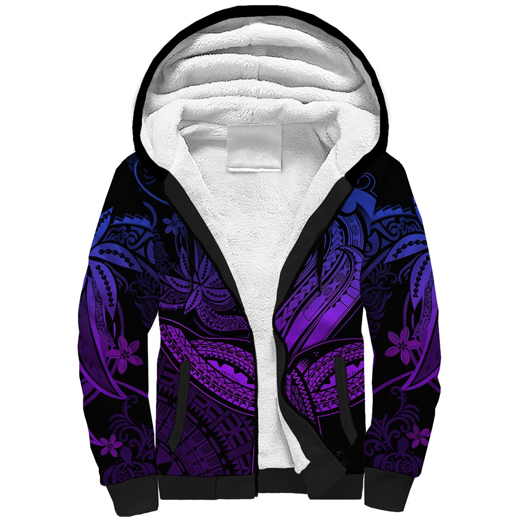 Polynesia Sherpa Hoodie Whale Tale and Polynesian Sunset Plumeria Purple - Wonder Print Shop