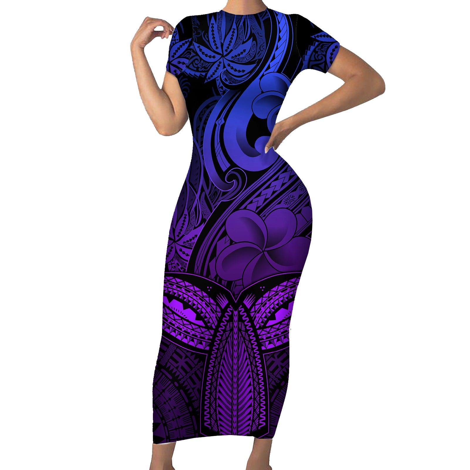 Polynesia Short Sleeve Bodycon Dress Whale Tale and Polynesian Sunset Plumeria Purple - Wonder Print Shop