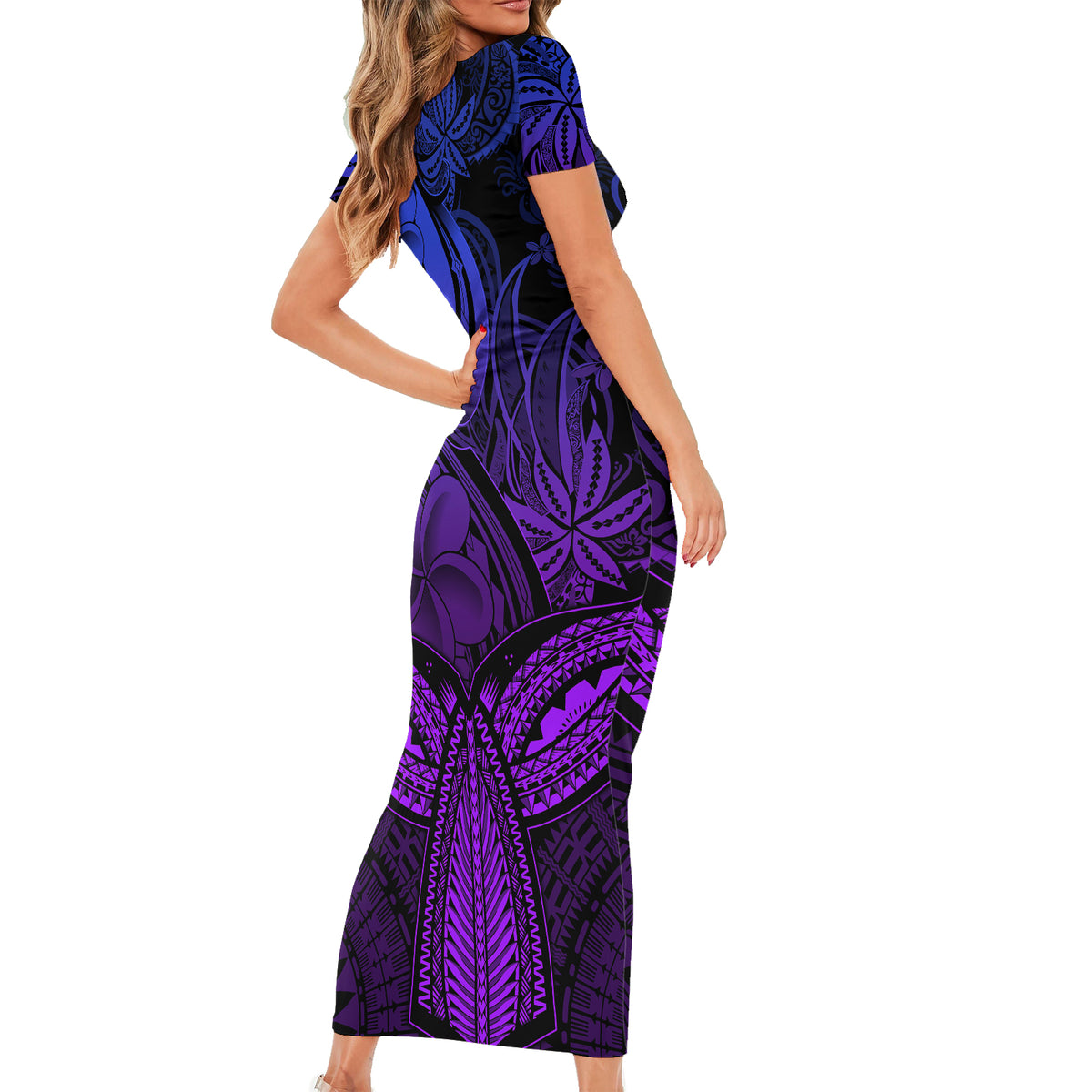 Polynesia Short Sleeve Bodycon Dress Whale Tale and Polynesian Sunset Plumeria Purple - Wonder Print Shop