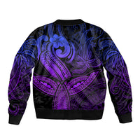 Polynesia Sleeve Zip Bomber Jacket Whale Tale and Polynesian Sunset Plumeria Purple - Wonder Print Shop