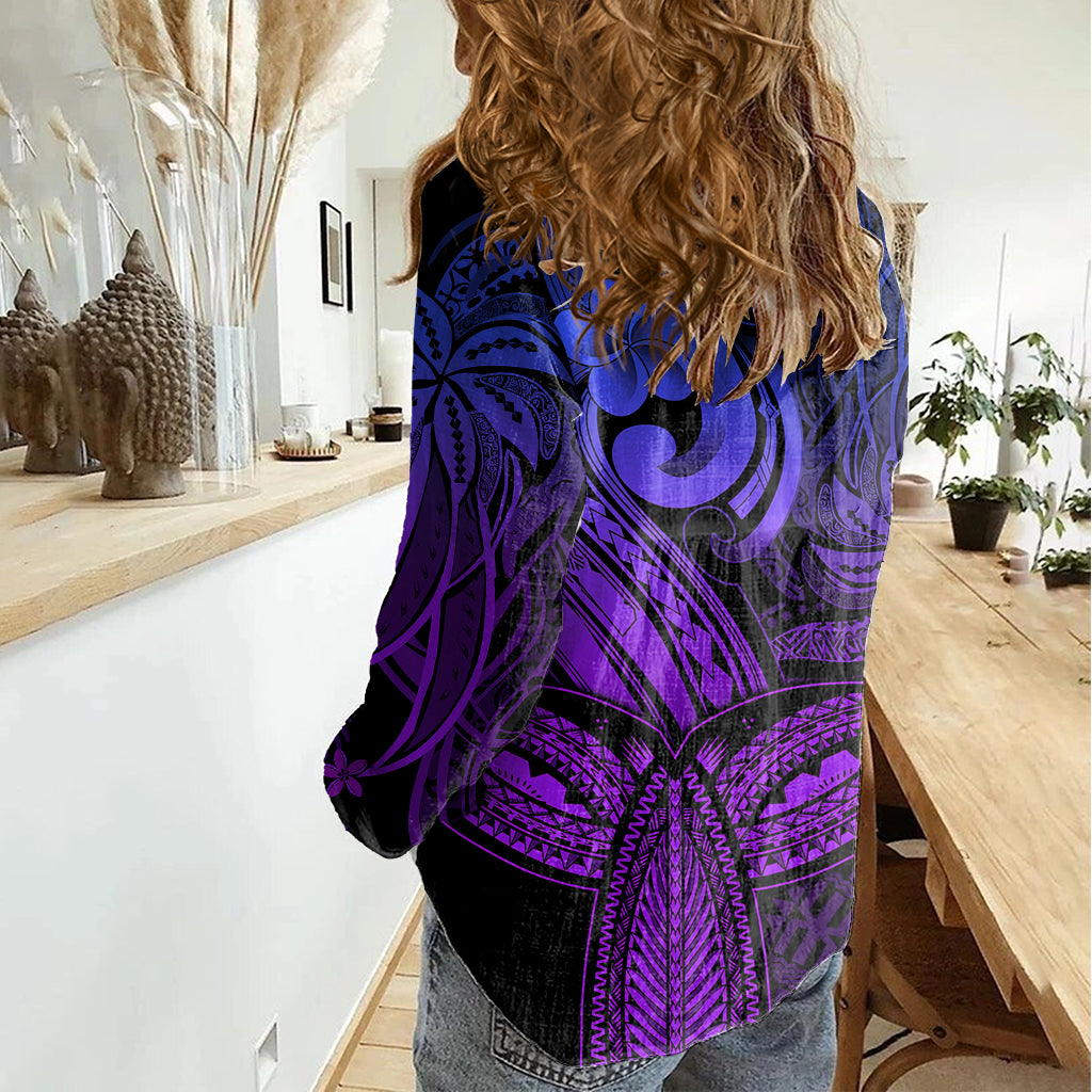 Polynesia Women Casual Shirt Whale Tale and Polynesian Sunset Plumeria Purple - Wonder Print Shop