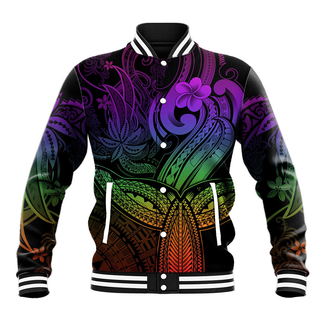 Polynesia Baseball Jacket Whale Tale and Polynesian Sunset Plumeria Rainbow LT9 - Wonder Print Shop