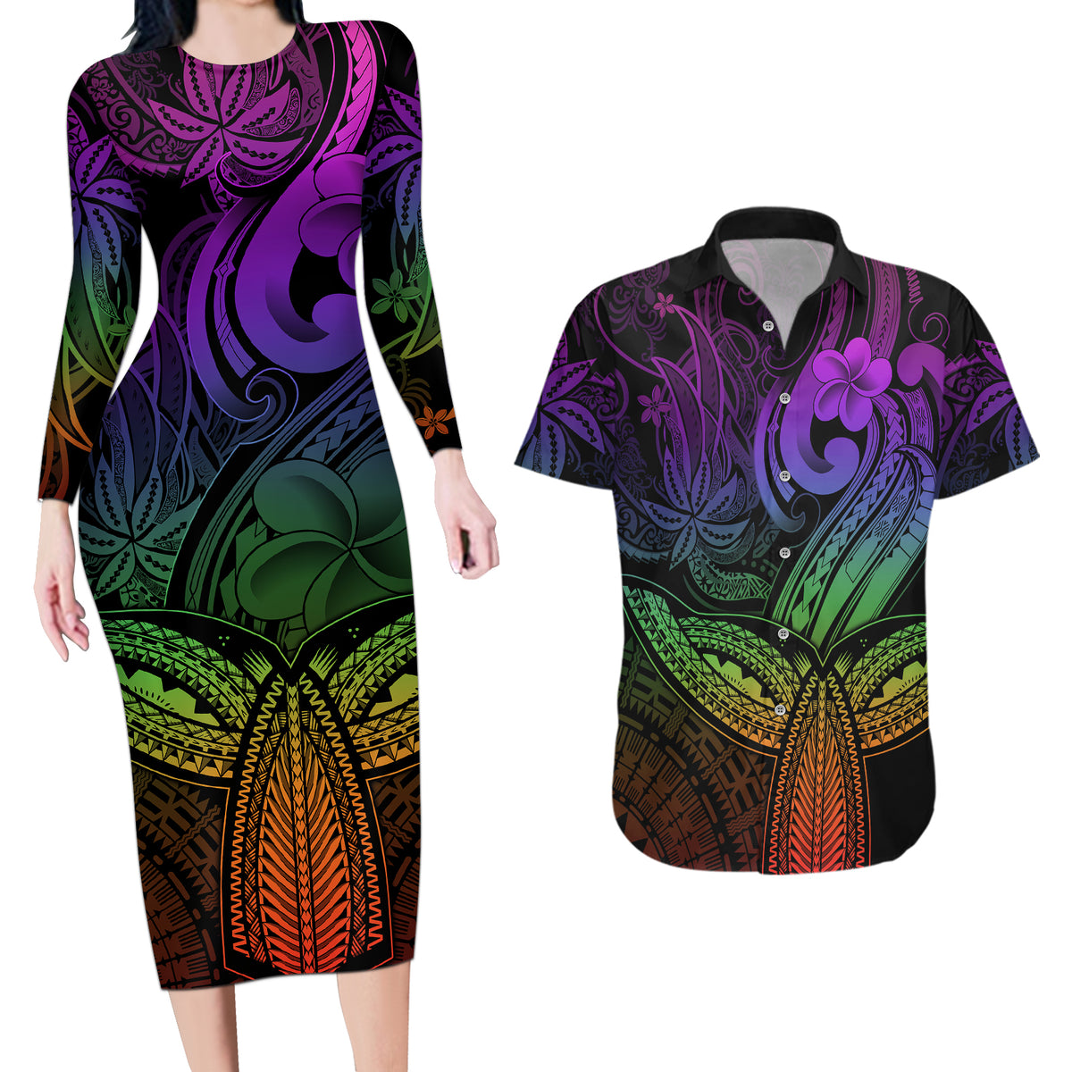 Polynesia Couples Matching Long Sleeve Bodycon Dress and Hawaiian Shirt Whale Tale and Polynesian Sunset Plumeria Rainbow LT9 - Wonder Print Shop