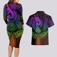 Polynesia Couples Matching Long Sleeve Bodycon Dress and Hawaiian Shirt Whale Tale and Polynesian Sunset Plumeria Rainbow LT9 - Wonder Print Shop