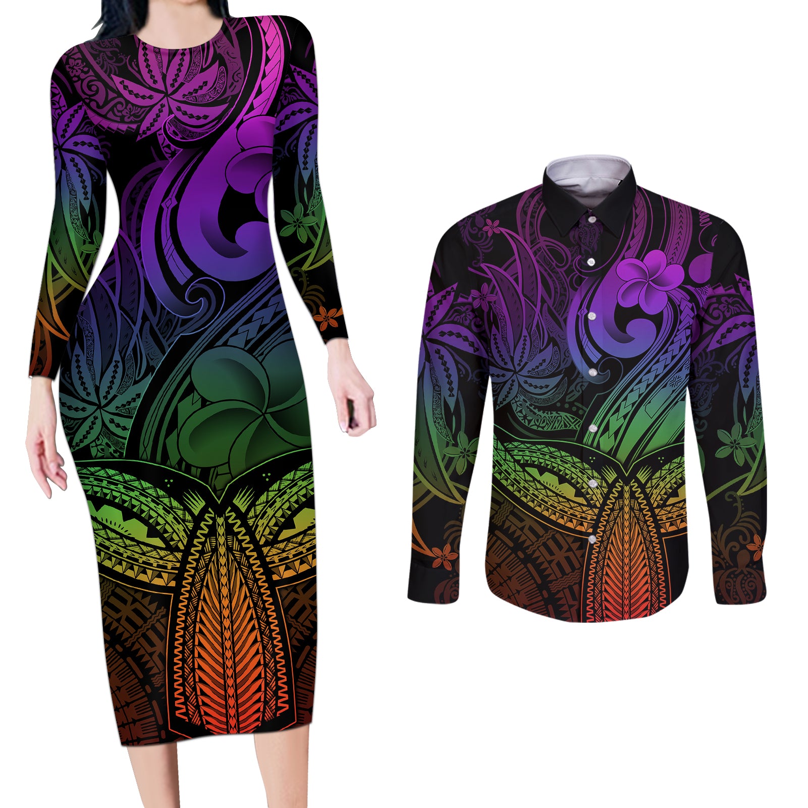 Polynesia Couples Matching Long Sleeve Bodycon Dress and Long Sleeve Button Shirts Whale Tale and Polynesian Sunset Plumeria Rainbow LT9 - Wonder Print Shop