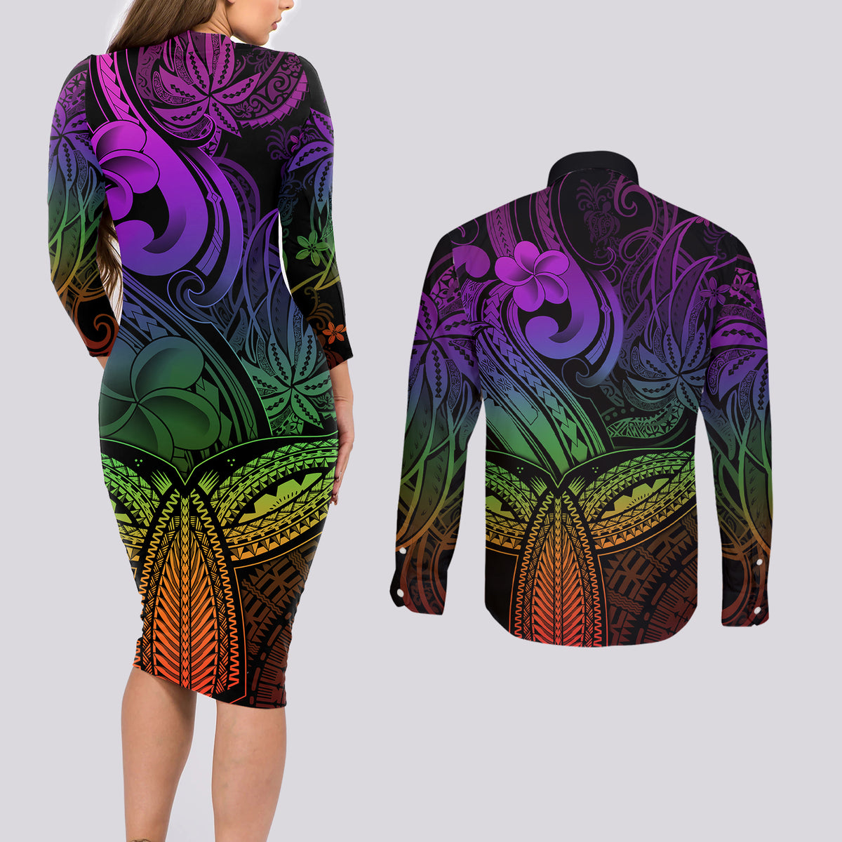 Polynesia Couples Matching Long Sleeve Bodycon Dress and Long Sleeve Button Shirts Whale Tale and Polynesian Sunset Plumeria Rainbow LT9 - Wonder Print Shop