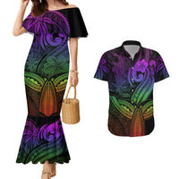 Polynesia Couples Matching Mermaid Dress and Hawaiian Shirt Whale Tale and Polynesian Sunset Plumeria Rainbow LT9 - Wonder Print Shop