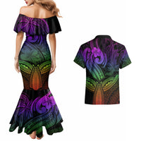 Polynesia Couples Matching Mermaid Dress and Hawaiian Shirt Whale Tale and Polynesian Sunset Plumeria Rainbow LT9 - Wonder Print Shop
