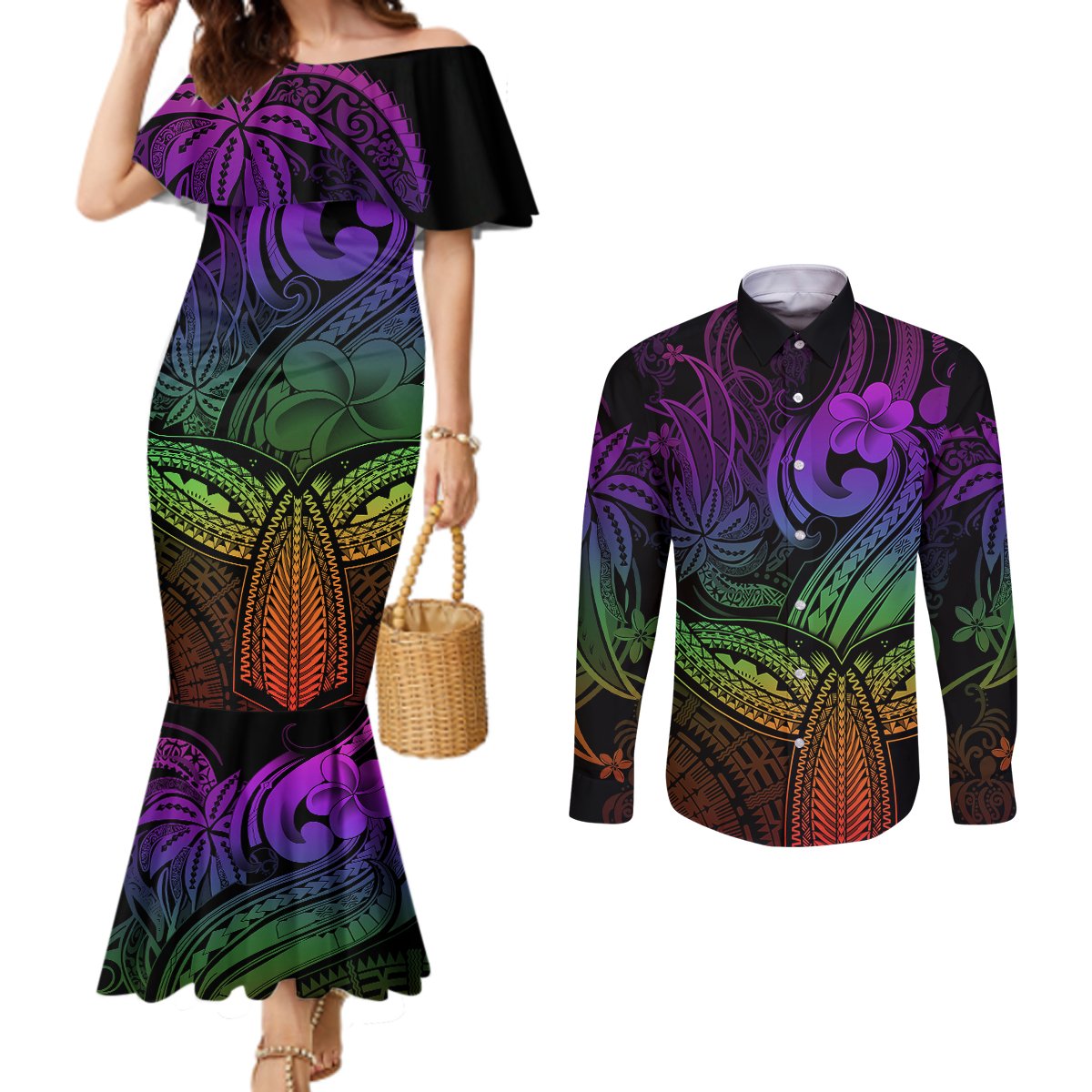 polynesia-couples-matching-mermaid-dress-and-long-sleeve-button-shirts-whale-tale-and-polynesian-sunset-plumeria-rainbow