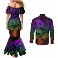 polynesia-couples-matching-mermaid-dress-and-long-sleeve-button-shirts-whale-tale-and-polynesian-sunset-plumeria-rainbow