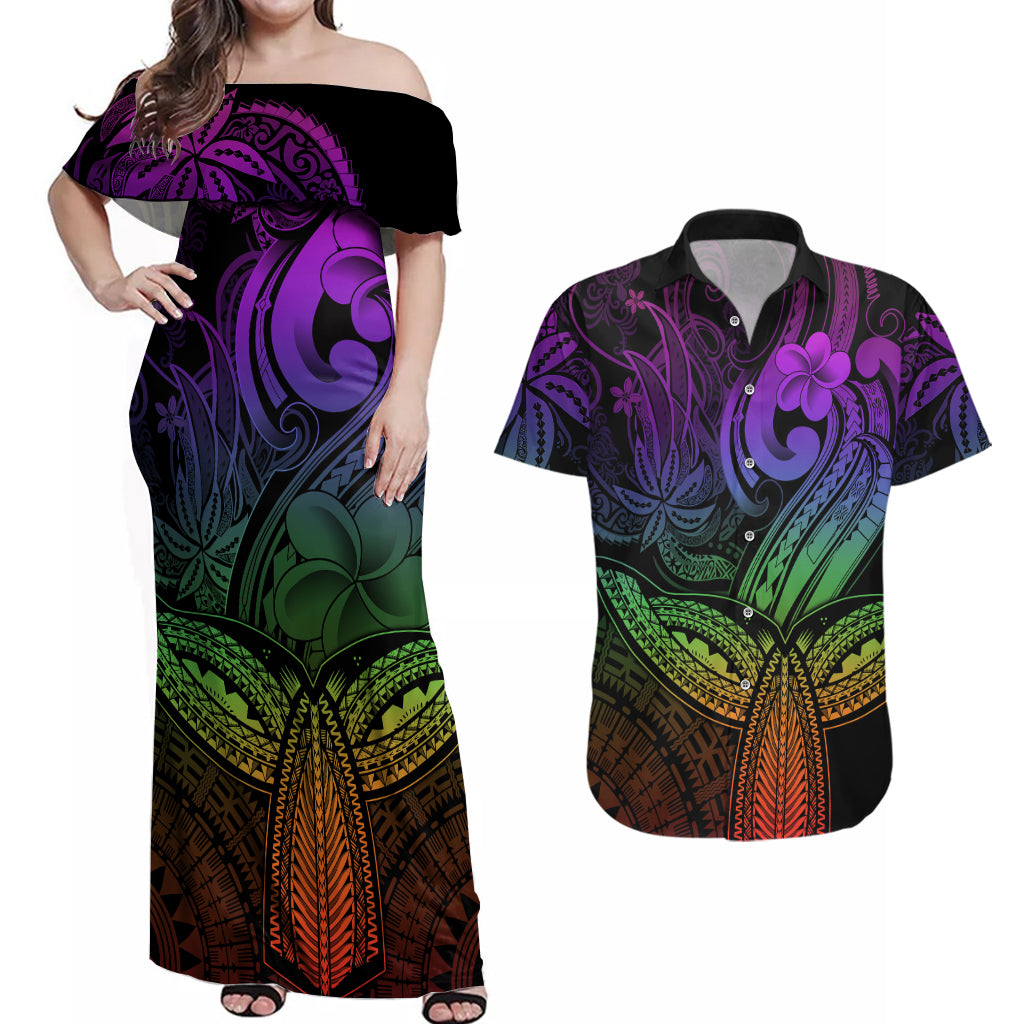 Polynesia Couples Matching Off Shoulder Maxi Dress and Hawaiian Shirt Whale Tale and Polynesian Sunset Plumeria Rainbow LT9 - Wonder Print Shop