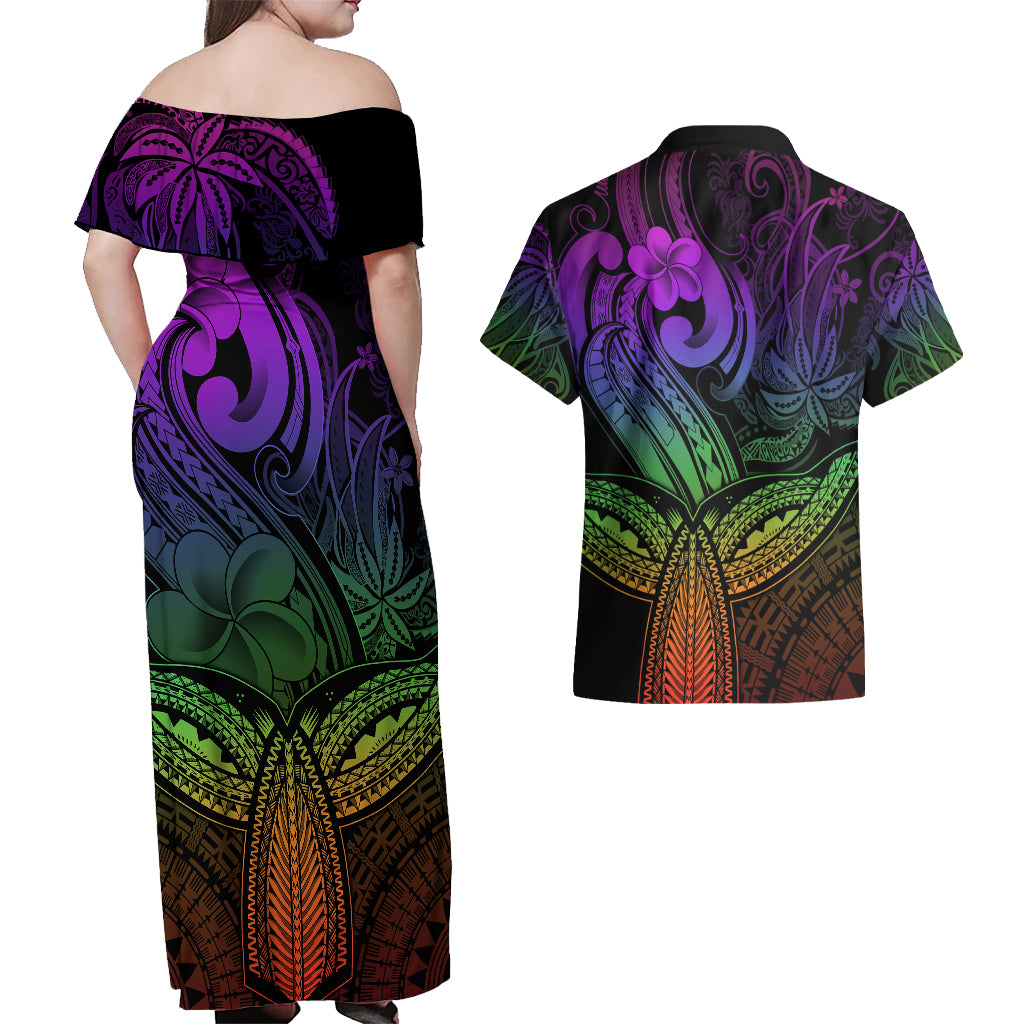 Polynesia Couples Matching Off Shoulder Maxi Dress and Hawaiian Shirt Whale Tale and Polynesian Sunset Plumeria Rainbow LT9 - Wonder Print Shop