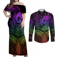 Polynesia Couples Matching Off Shoulder Maxi Dress and Long Sleeve Button Shirts Whale Tale and Polynesian Sunset Plumeria Rainbow LT9 - Wonder Print Shop