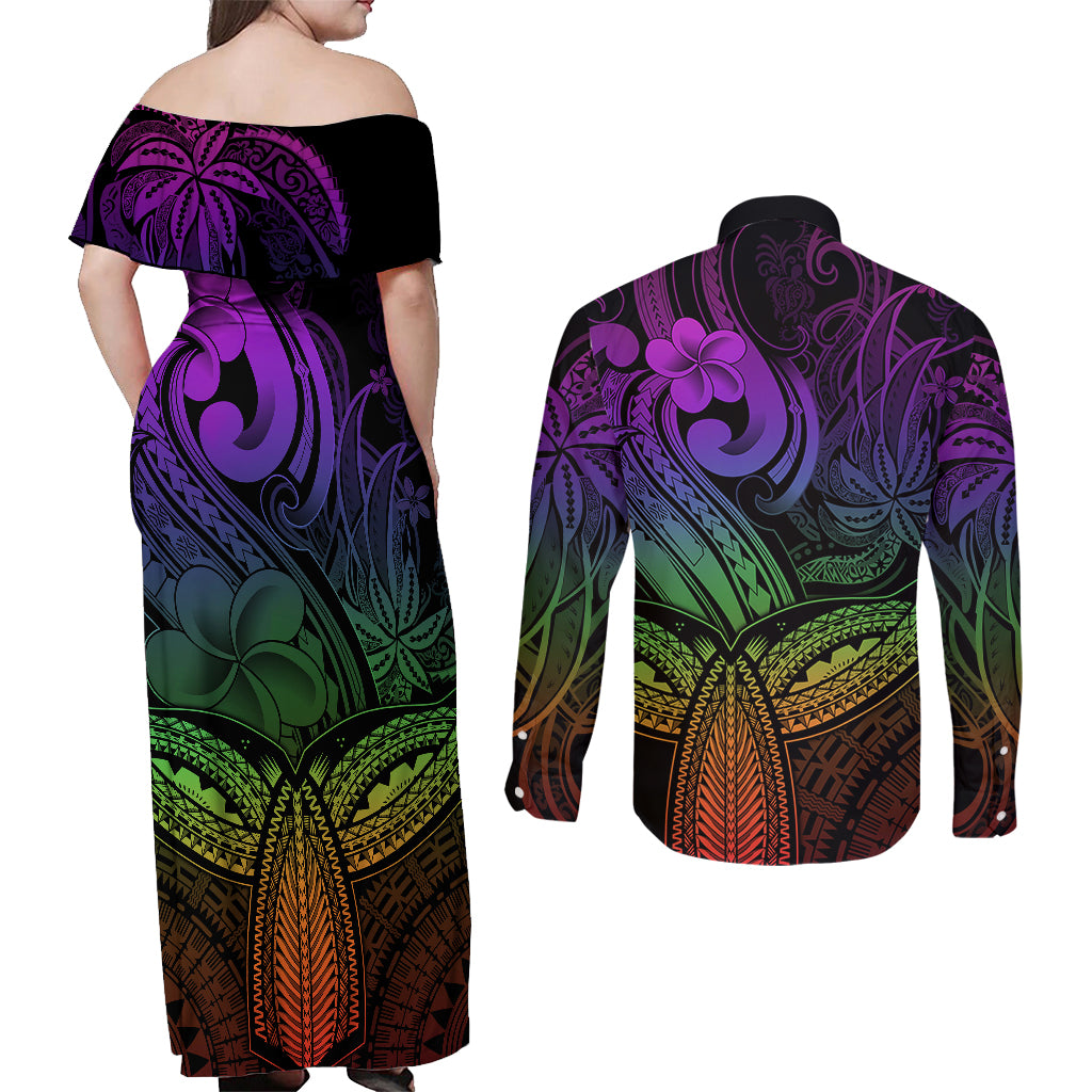 Polynesia Couples Matching Off Shoulder Maxi Dress and Long Sleeve Button Shirts Whale Tale and Polynesian Sunset Plumeria Rainbow LT9 - Wonder Print Shop
