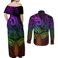 Polynesia Couples Matching Off Shoulder Maxi Dress and Long Sleeve Button Shirts Whale Tale and Polynesian Sunset Plumeria Rainbow LT9 - Wonder Print Shop