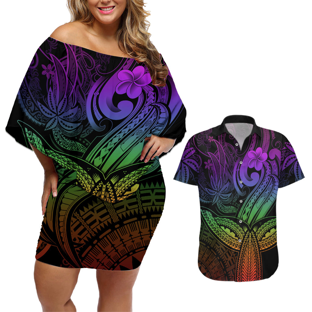 Polynesia Couples Matching Off Shoulder Short Dress and Hawaiian Shirt Whale Tale and Polynesian Sunset Plumeria Rainbow LT9 - Wonder Print Shop