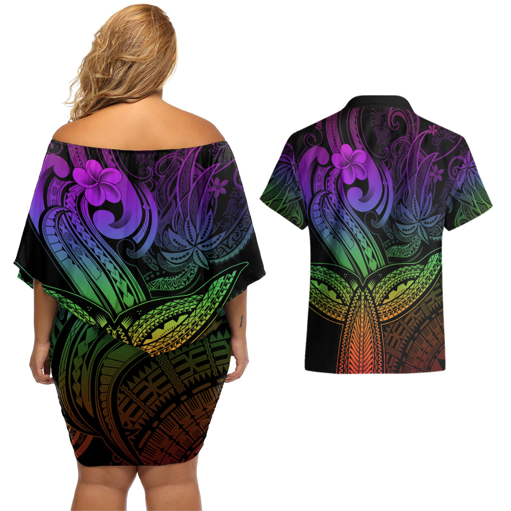 Polynesia Couples Matching Off Shoulder Short Dress and Hawaiian Shirt Whale Tale and Polynesian Sunset Plumeria Rainbow LT9 - Wonder Print Shop