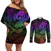 Polynesia Couples Matching Off Shoulder Short Dress and Long Sleeve Button Shirts Whale Tale and Polynesian Sunset Plumeria Rainbow LT9 - Wonder Print Shop
