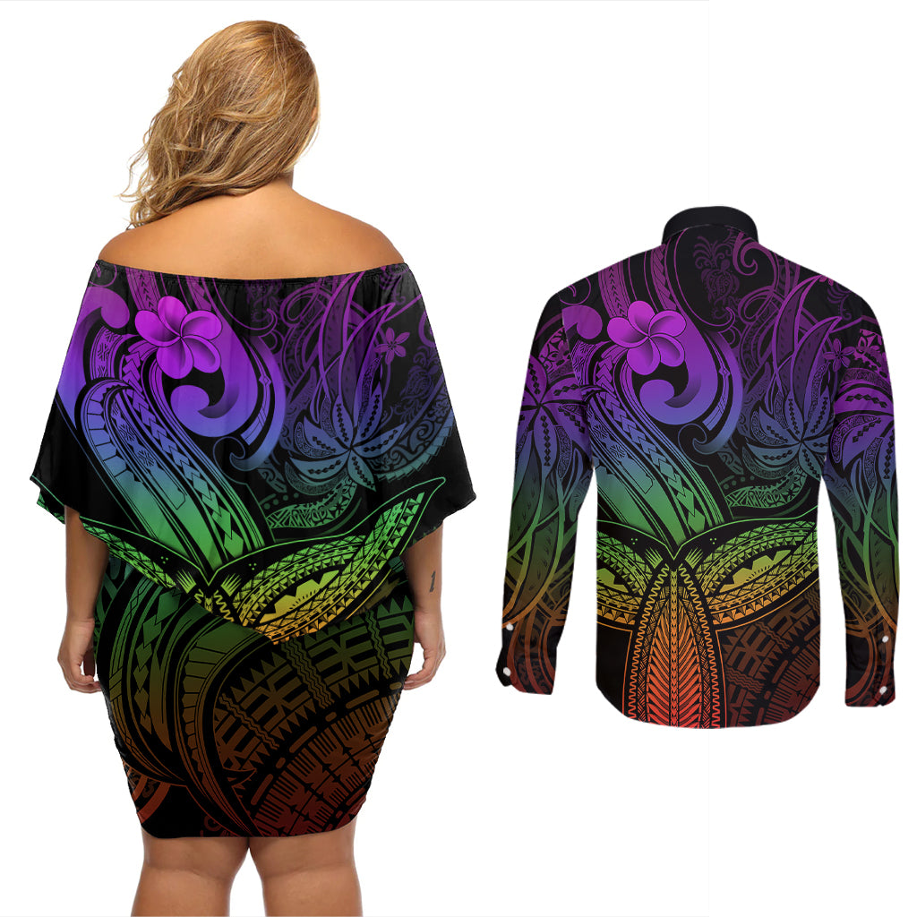 Polynesia Couples Matching Off Shoulder Short Dress and Long Sleeve Button Shirts Whale Tale and Polynesian Sunset Plumeria Rainbow LT9 - Wonder Print Shop