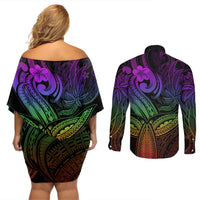 Polynesia Couples Matching Off Shoulder Short Dress and Long Sleeve Button Shirts Whale Tale and Polynesian Sunset Plumeria Rainbow LT9 - Wonder Print Shop