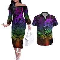 Polynesia Couples Matching Off The Shoulder Long Sleeve Dress and Hawaiian Shirt Whale Tale and Polynesian Sunset Plumeria Rainbow LT9 - Wonder Print Shop