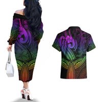 Polynesia Couples Matching Off The Shoulder Long Sleeve Dress and Hawaiian Shirt Whale Tale and Polynesian Sunset Plumeria Rainbow LT9 - Wonder Print Shop