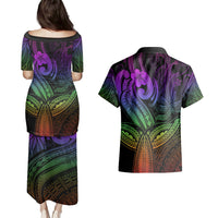 Polynesia Couples Matching Puletasi Dress and Hawaiian Shirt Whale Tale and Polynesian Sunset Plumeria Rainbow LT9 - Wonder Print Shop