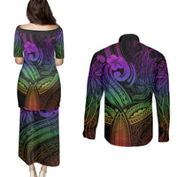 Polynesia Couples Matching Puletasi Dress and Long Sleeve Button Shirts Whale Tale and Polynesian Sunset Plumeria Rainbow LT9 - Wonder Print Shop