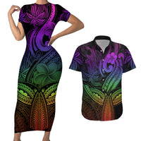 Polynesia Couples Matching Short Sleeve Bodycon Dress and Hawaiian Shirt Whale Tale and Polynesian Sunset Plumeria Rainbow LT9 - Wonder Print Shop