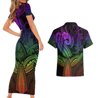 Polynesia Couples Matching Short Sleeve Bodycon Dress and Hawaiian Shirt Whale Tale and Polynesian Sunset Plumeria Rainbow LT9 - Wonder Print Shop