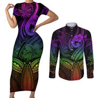 Polynesia Couples Matching Short Sleeve Bodycon Dress and Long Sleeve Button Shirts Whale Tale and Polynesian Sunset Plumeria Rainbow LT9 - Wonder Print Shop
