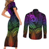 Polynesia Couples Matching Short Sleeve Bodycon Dress and Long Sleeve Button Shirts Whale Tale and Polynesian Sunset Plumeria Rainbow LT9 - Wonder Print Shop